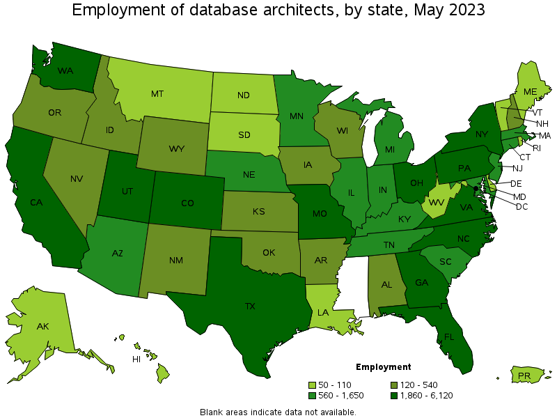 Map of employment of database architects by state, May 2023