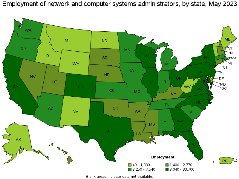Map of employment of network and computer systems administrators by state, May 2023