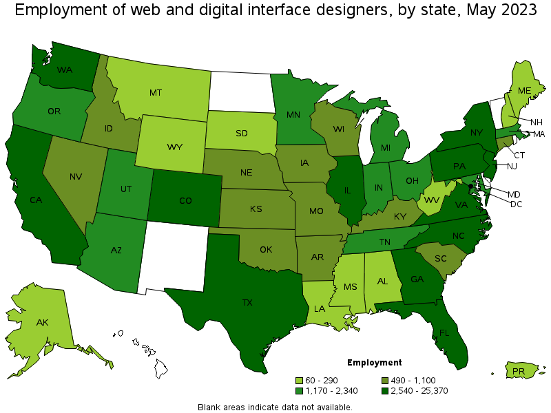 Map of employment of web and digital interface designers by state, May 2023
