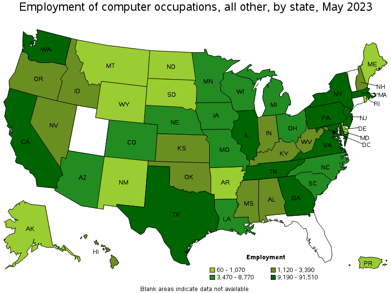 Map of employment of computer occupations, all other by state, May 2023