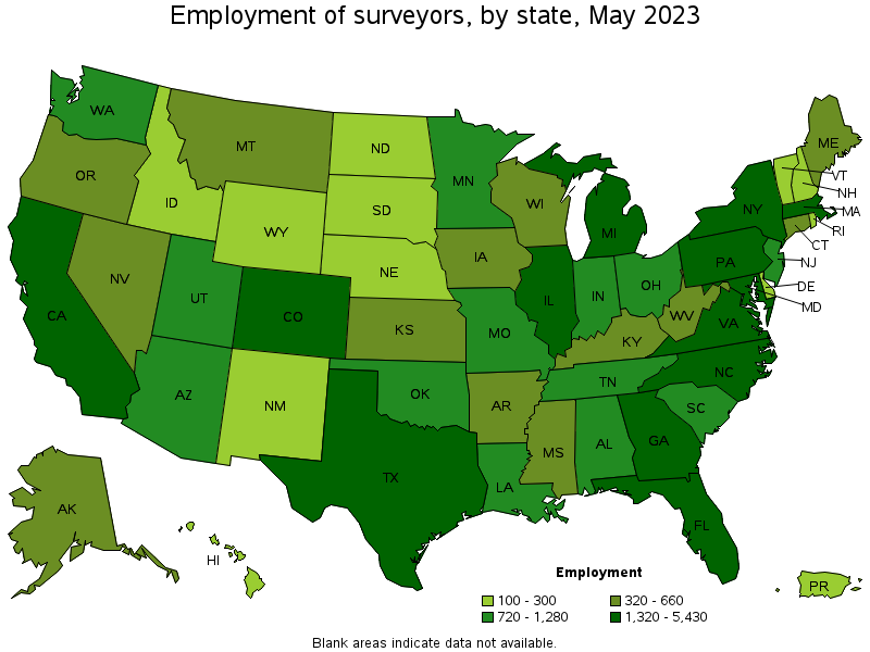 Map of employment of surveyors by state, May 2023