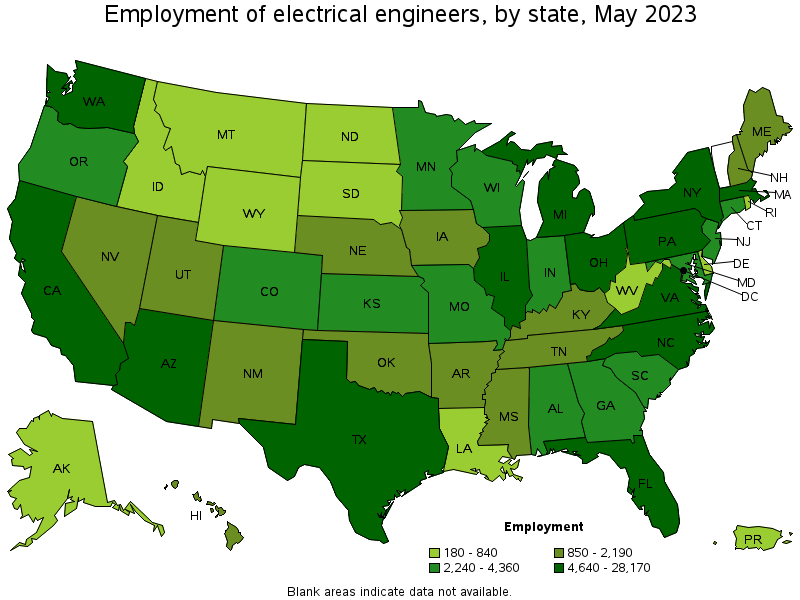 Map of employment of electrical engineers by state, May 2023