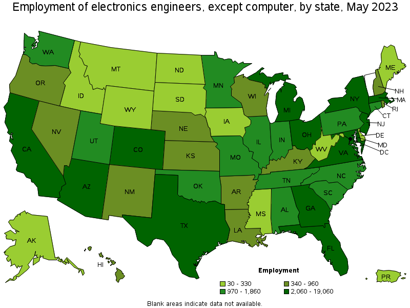 Map of employment of electronics engineers, except computer by state, May 2023