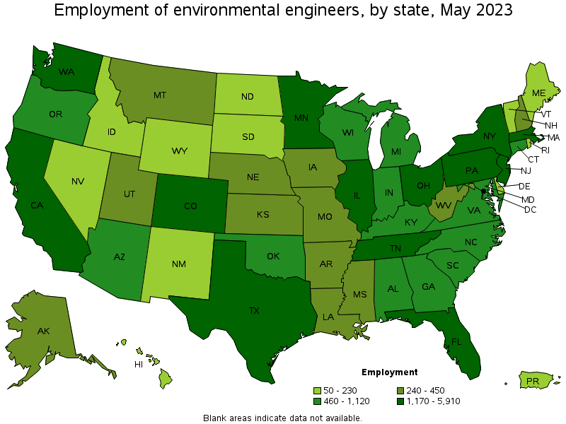 Map of employment of environmental engineers by state, May 2023