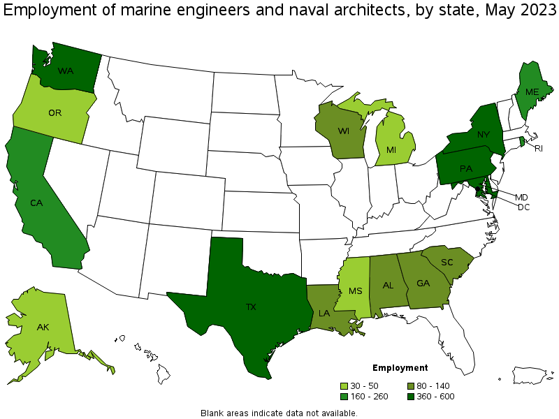 Map of employment of marine engineers and naval architects by state, May 2023