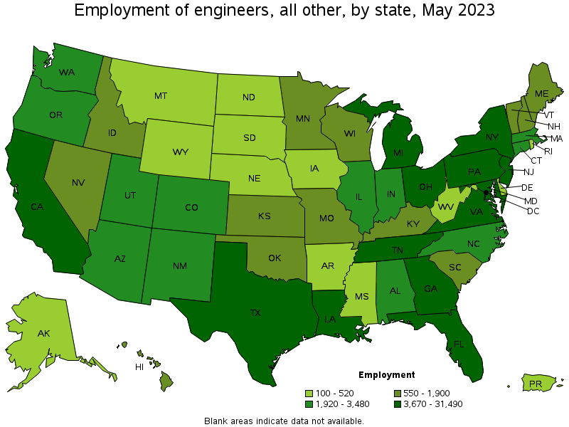 Map of employment of engineers, all other by state, May 2023