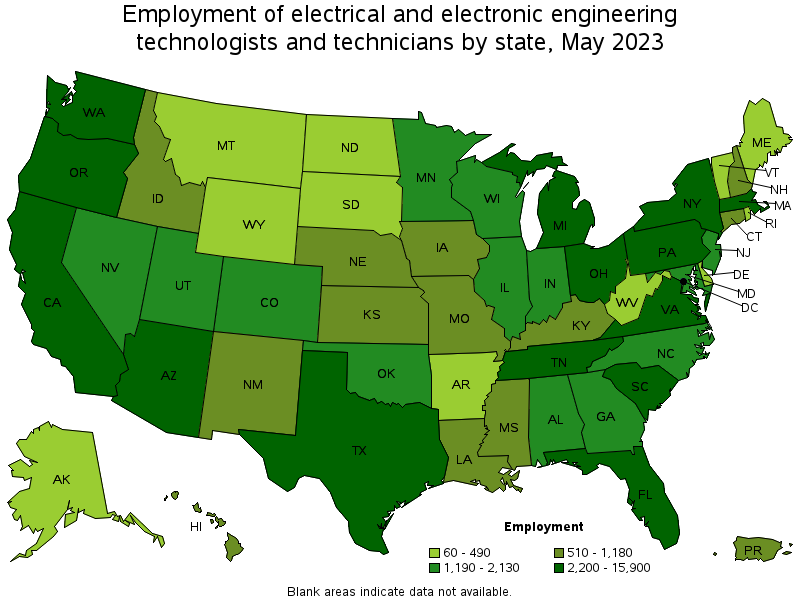 Map of employment of electrical and electronic engineering technologists and technicians by state, May 2023