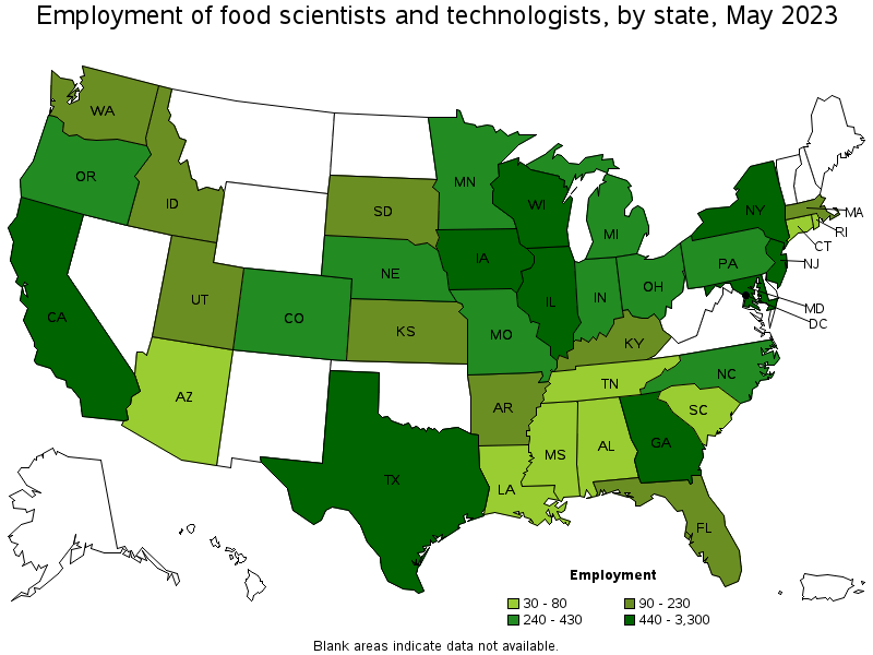 Map of employment of food scientists and technologists by state, May 2023