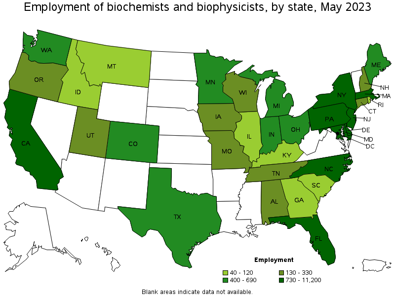 Map of employment of biochemists and biophysicists by state, May 2023