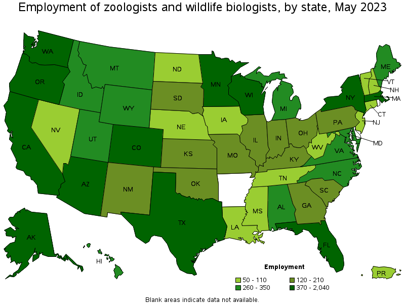 Map of employment of zoologists and wildlife biologists by state, May 2023