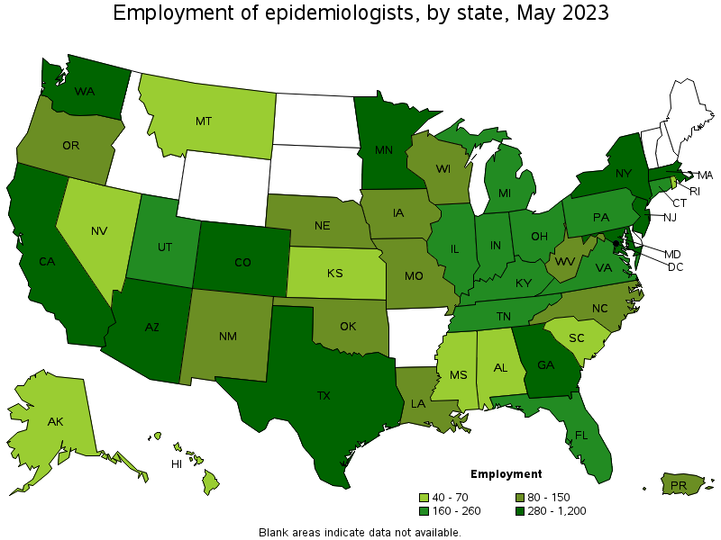 Map of employment of epidemiologists by state, May 2023