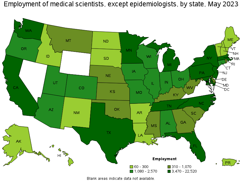Map of employment of medical scientists, except epidemiologists by state, May 2023