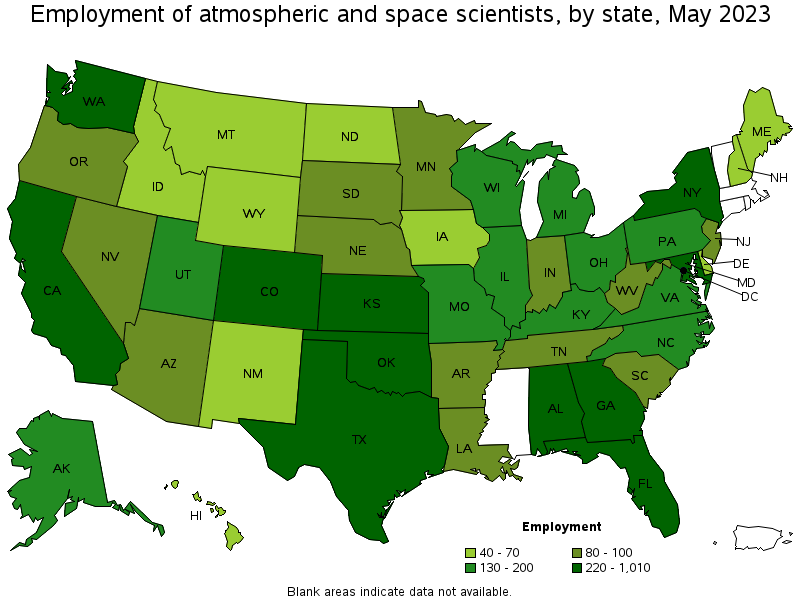 Map of employment of atmospheric and space scientists by state, May 2023