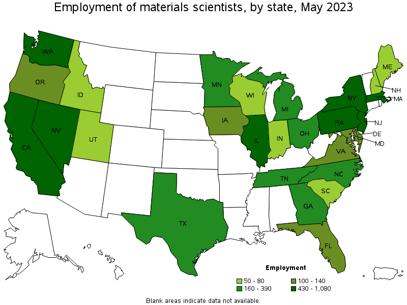 Map of employment of materials scientists by state, May 2023