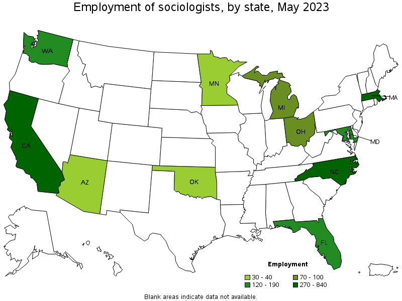 Map of employment of sociologists by state, May 2023