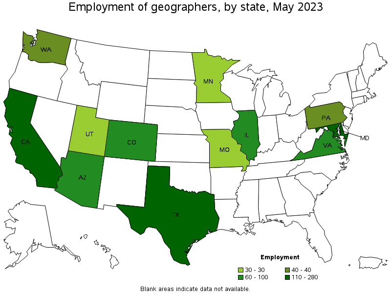 Map of employment of geographers by state, May 2023
