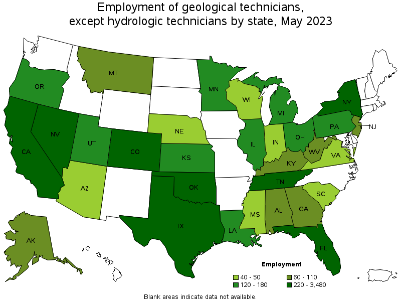 Map of employment of geological technicians, except hydrologic technicians by state, May 2023