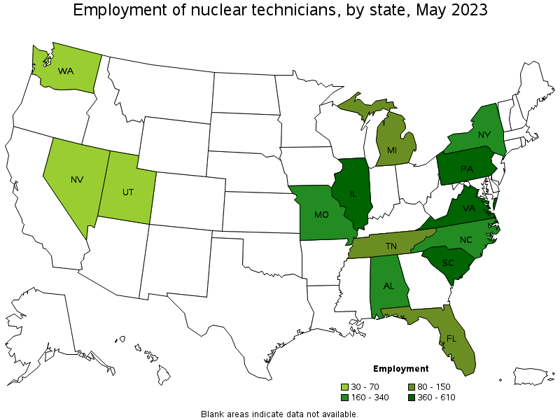 Map of employment of nuclear technicians by state, May 2023
