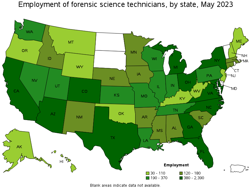 Map of employment of forensic science technicians by state, May 2023