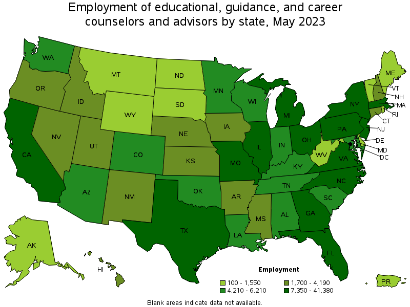 Map of employment of educational, guidance, and career counselors and advisors by state, May 2023