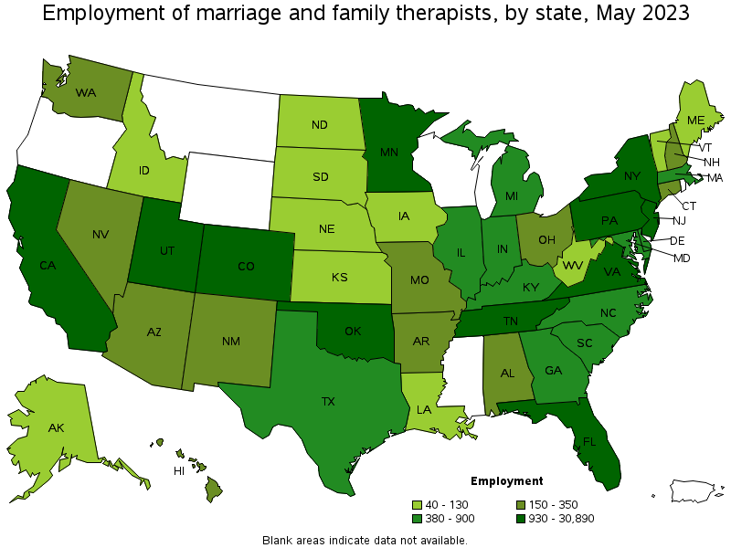 Map of employment of marriage and family therapists by state, May 2023