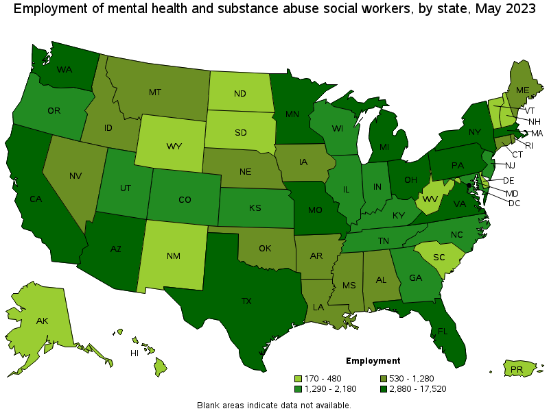 Map of employment of mental health and substance abuse social workers by state, May 2023
