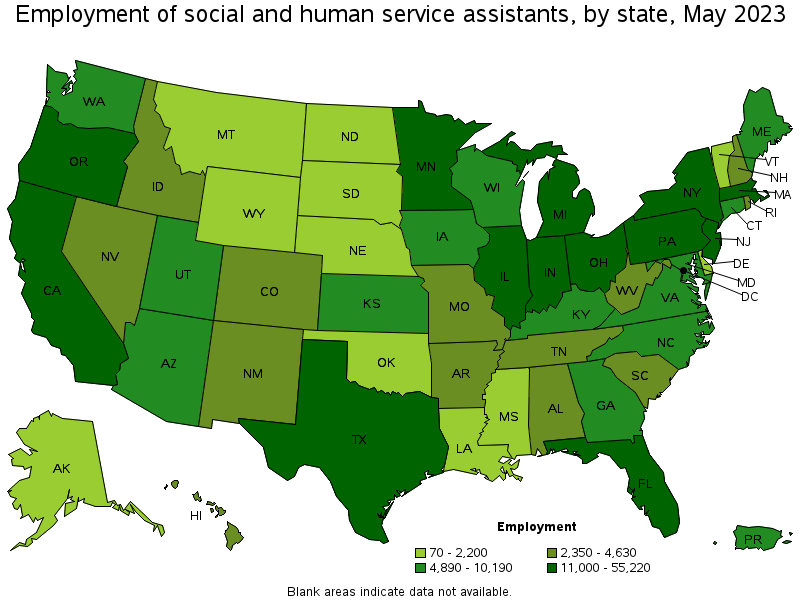 Map of employment of social and human service assistants by state, May 2023