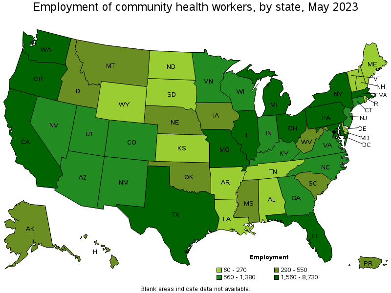 Map of employment of community health workers by state, May 2023