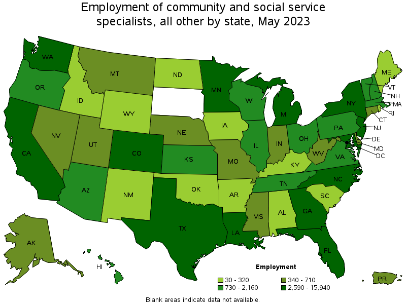 Map of employment of community and social service specialists, all other by state, May 2023