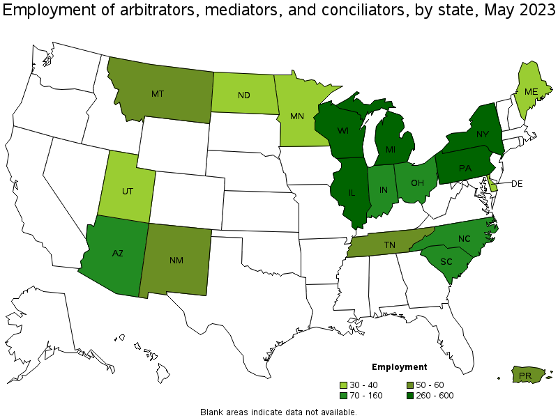 Map of employment of arbitrators, mediators, and conciliators by state, May 2023