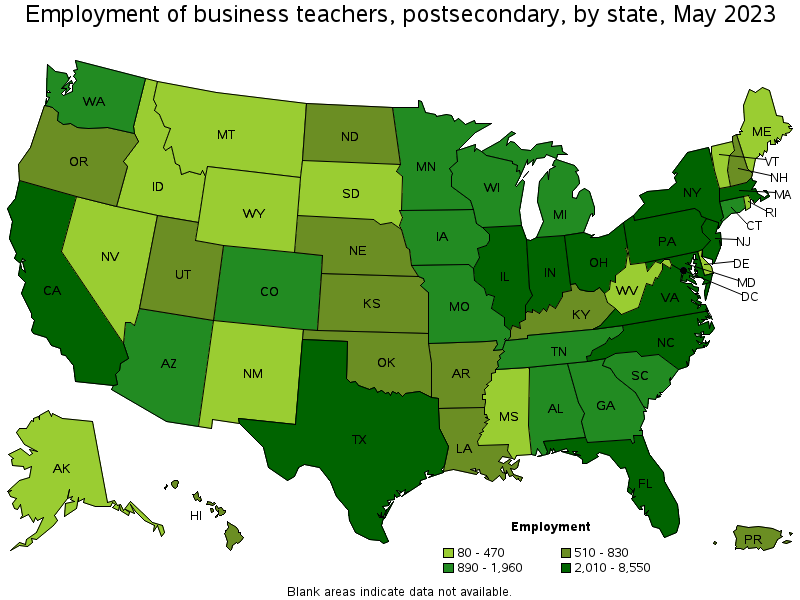 Map of employment of business teachers, postsecondary by state, May 2023