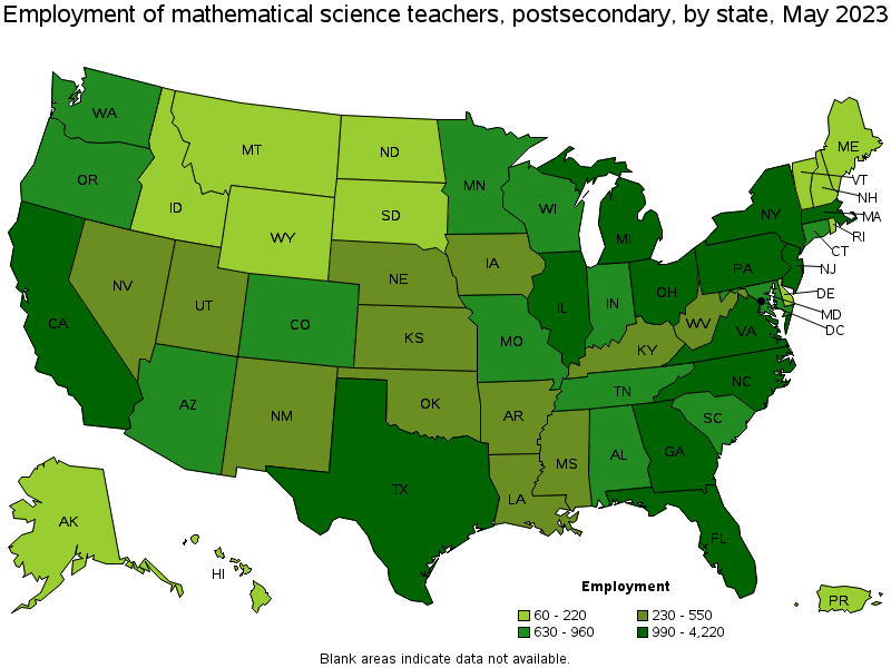 Map of employment of mathematical science teachers, postsecondary by state, May 2023