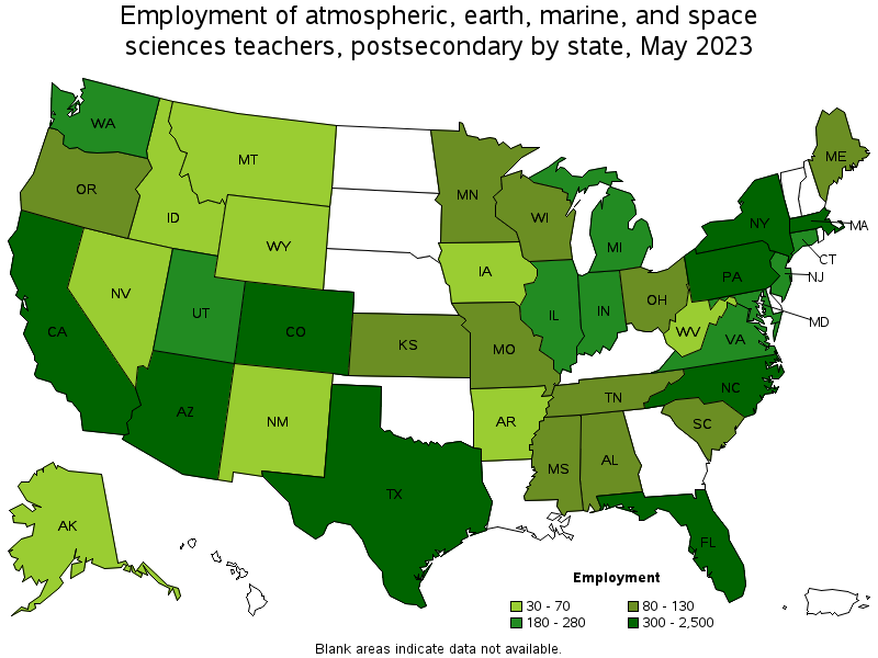 Map of employment of atmospheric, earth, marine, and space sciences teachers, postsecondary by state, May 2023