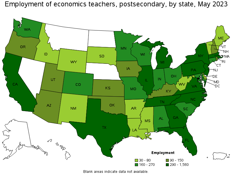 Map of employment of economics teachers, postsecondary by state, May 2023