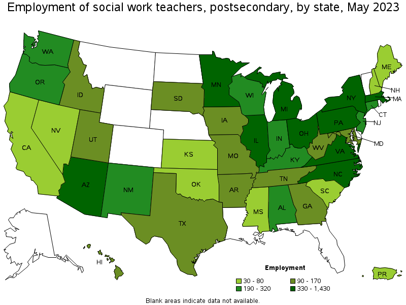 Map of employment of social work teachers, postsecondary by state, May 2023