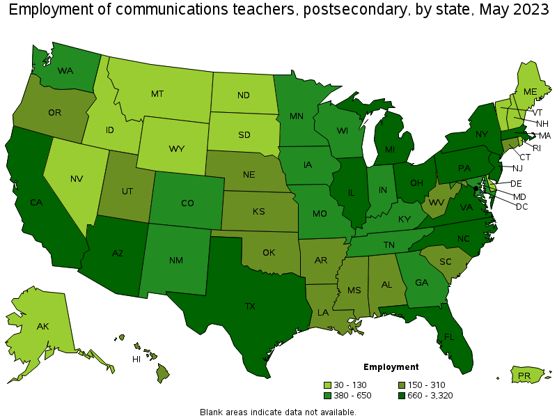 Map of employment of communications teachers, postsecondary by state, May 2023
