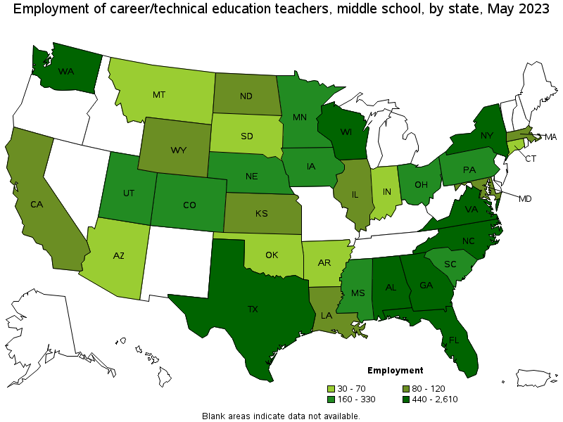 Map of employment of career/technical education teachers, middle school by state, May 2023