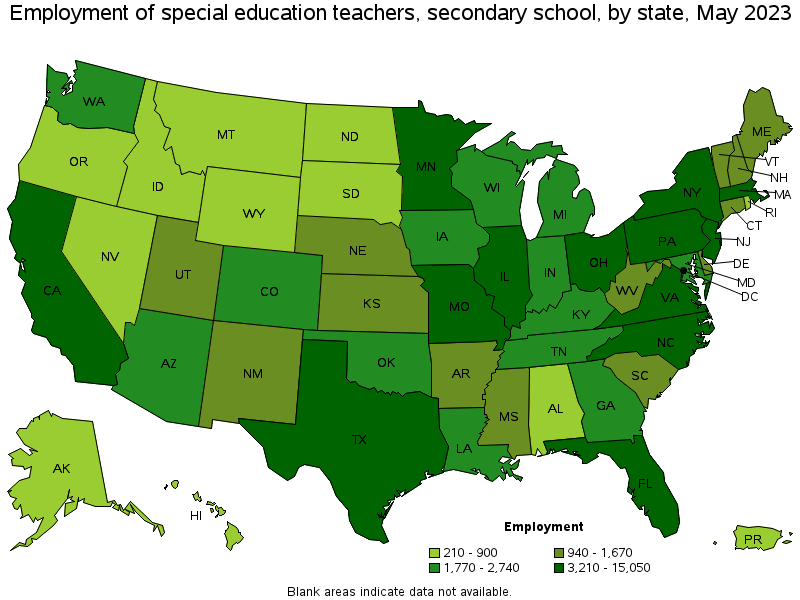 Map of employment of special education teachers, secondary school by state, May 2023