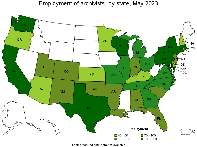Map of employment of archivists by state, May 2023