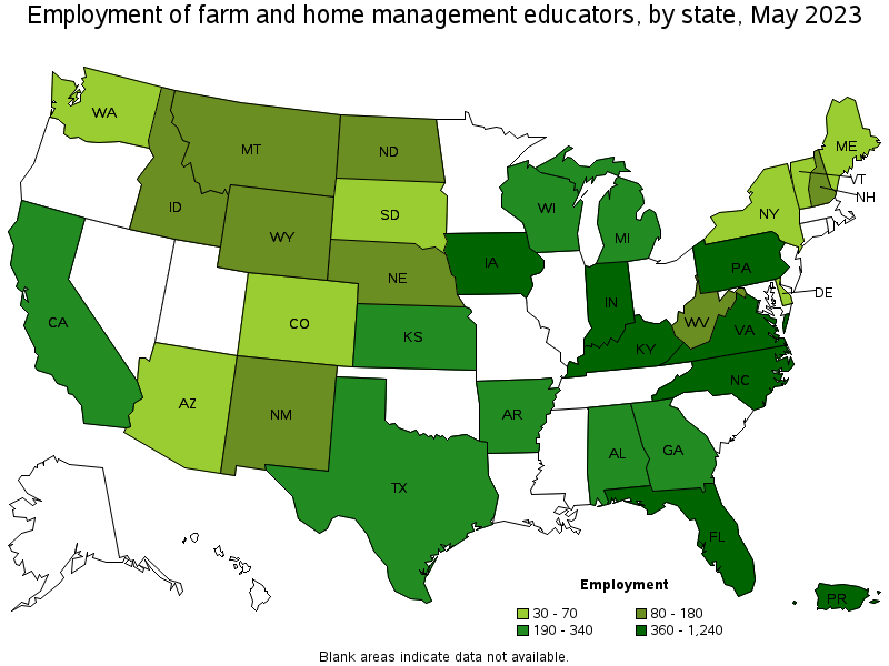 Map of employment of farm and home management educators by state, May 2023