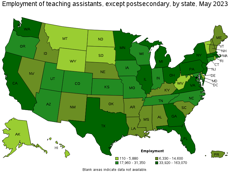 Map of employment of teaching assistants, except postsecondary by state, May 2023