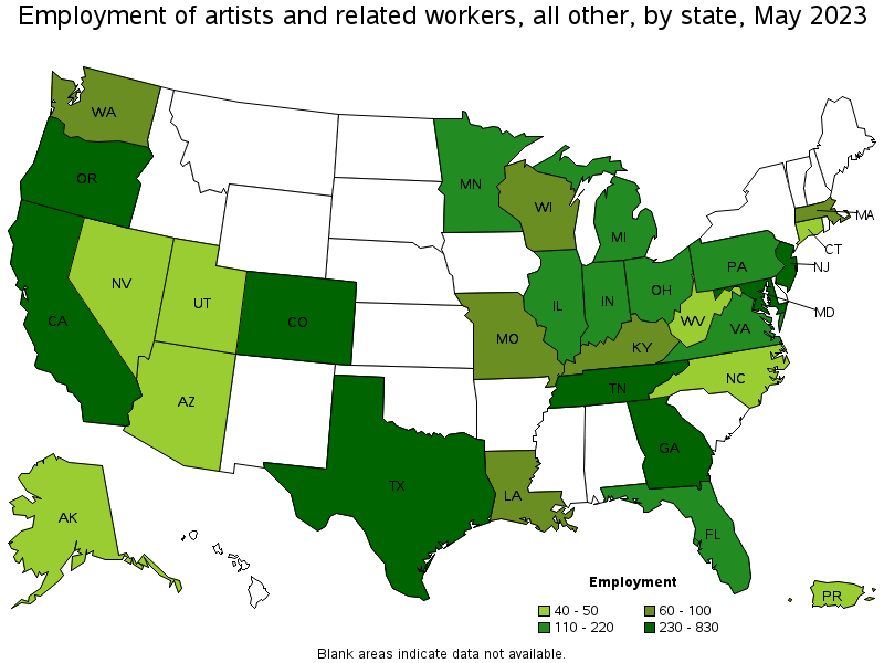 Map of employment of artists and related workers, all other by state, May 2023