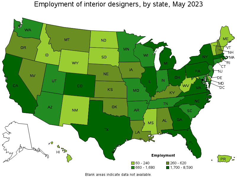 Map of employment of interior designers by state, May 2023