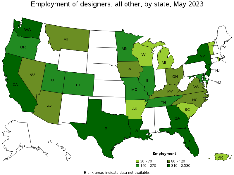 Map of employment of designers, all other by state, May 2023