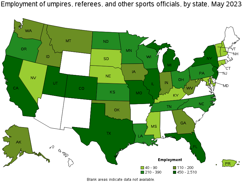 Map of employment of umpires, referees, and other sports officials by state, May 2023