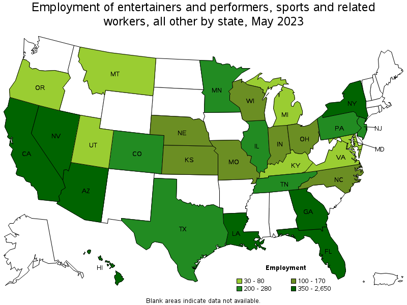 Map of employment of entertainers and performers, sports and related workers, all other by state, May 2023