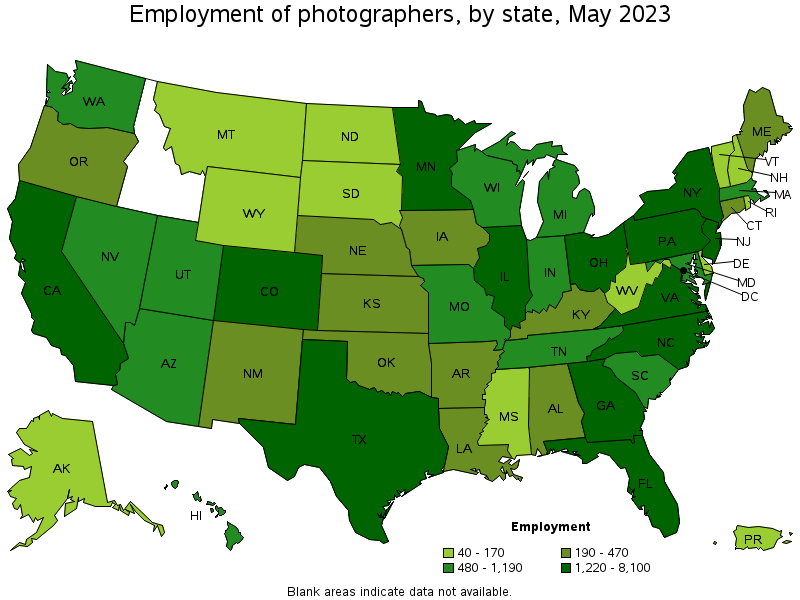 Map of employment of photographers by state, May 2023