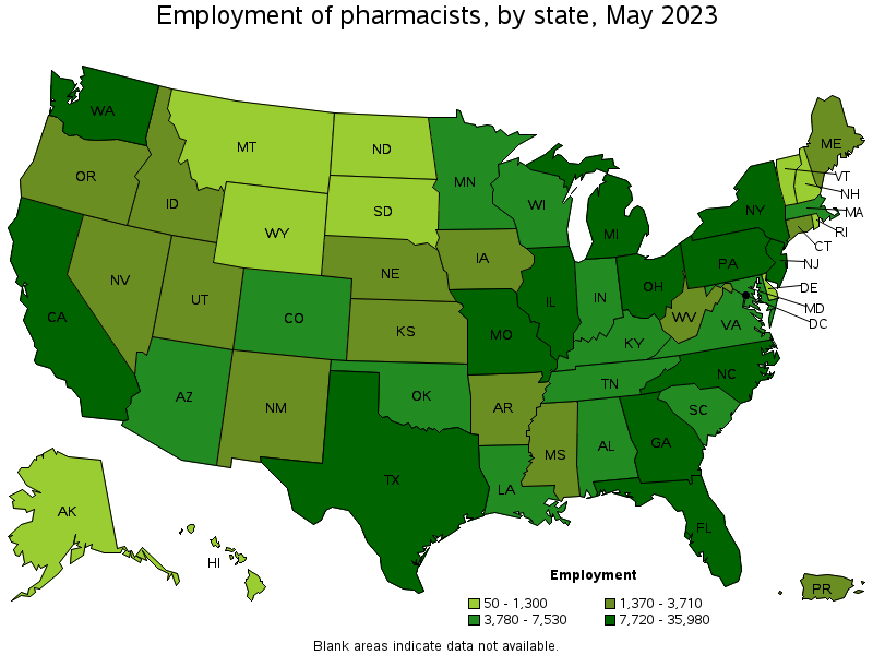 Map of employment of pharmacists by state, May 2023