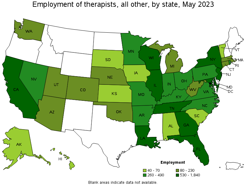 Map of employment of therapists, all other by state, May 2023