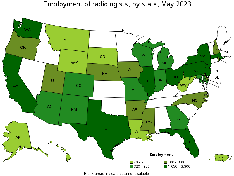 Map of employment of radiologists by state, May 2023
